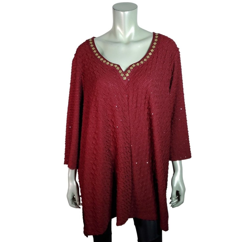 Catherines Top Plus Sz 2X 22/24W Tunic Gold Studs Stretch 3/4‎ Sleeve Casual Red